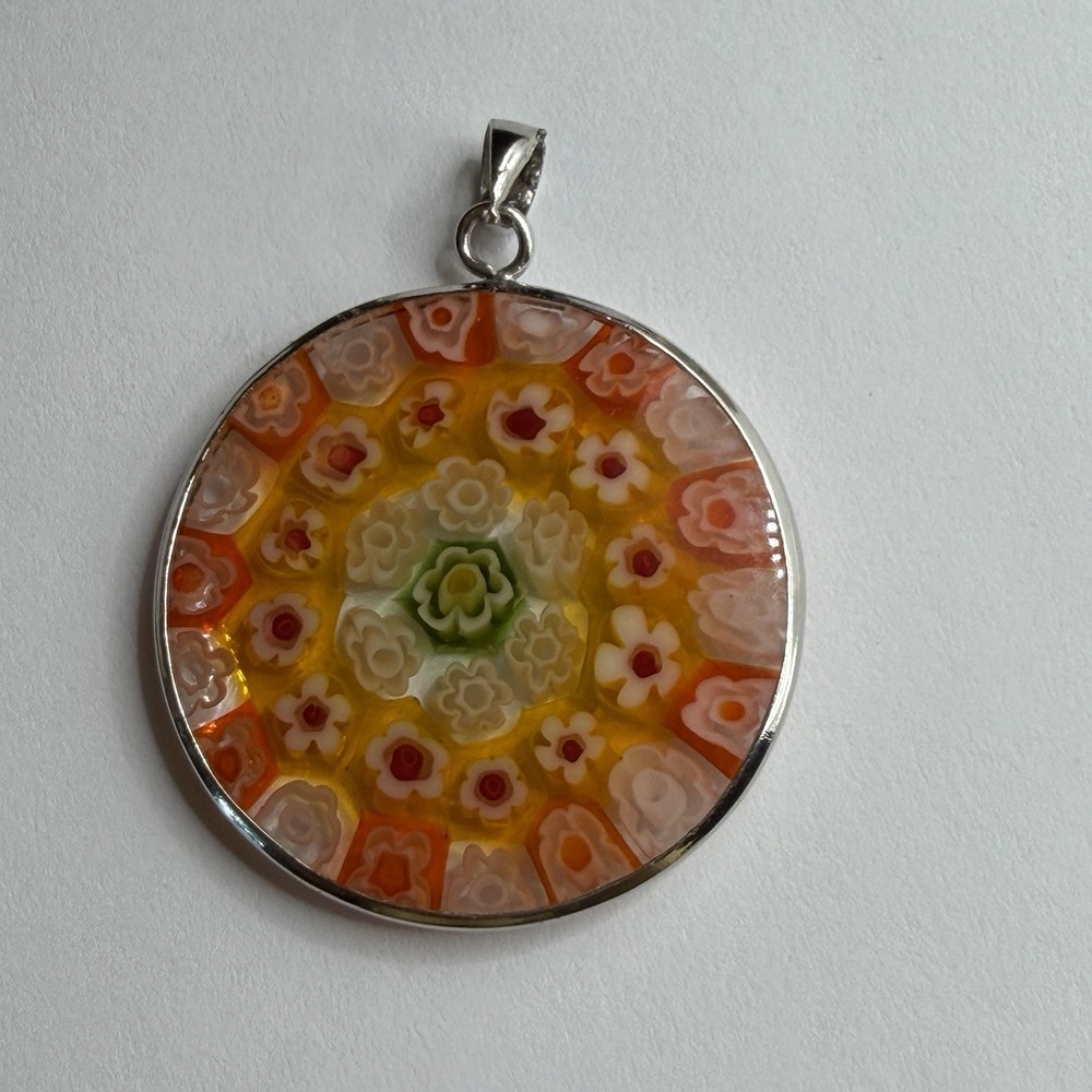 Murano Millefiori Pendant Silver Plated Venetian Art Glass Orange Round Coastal